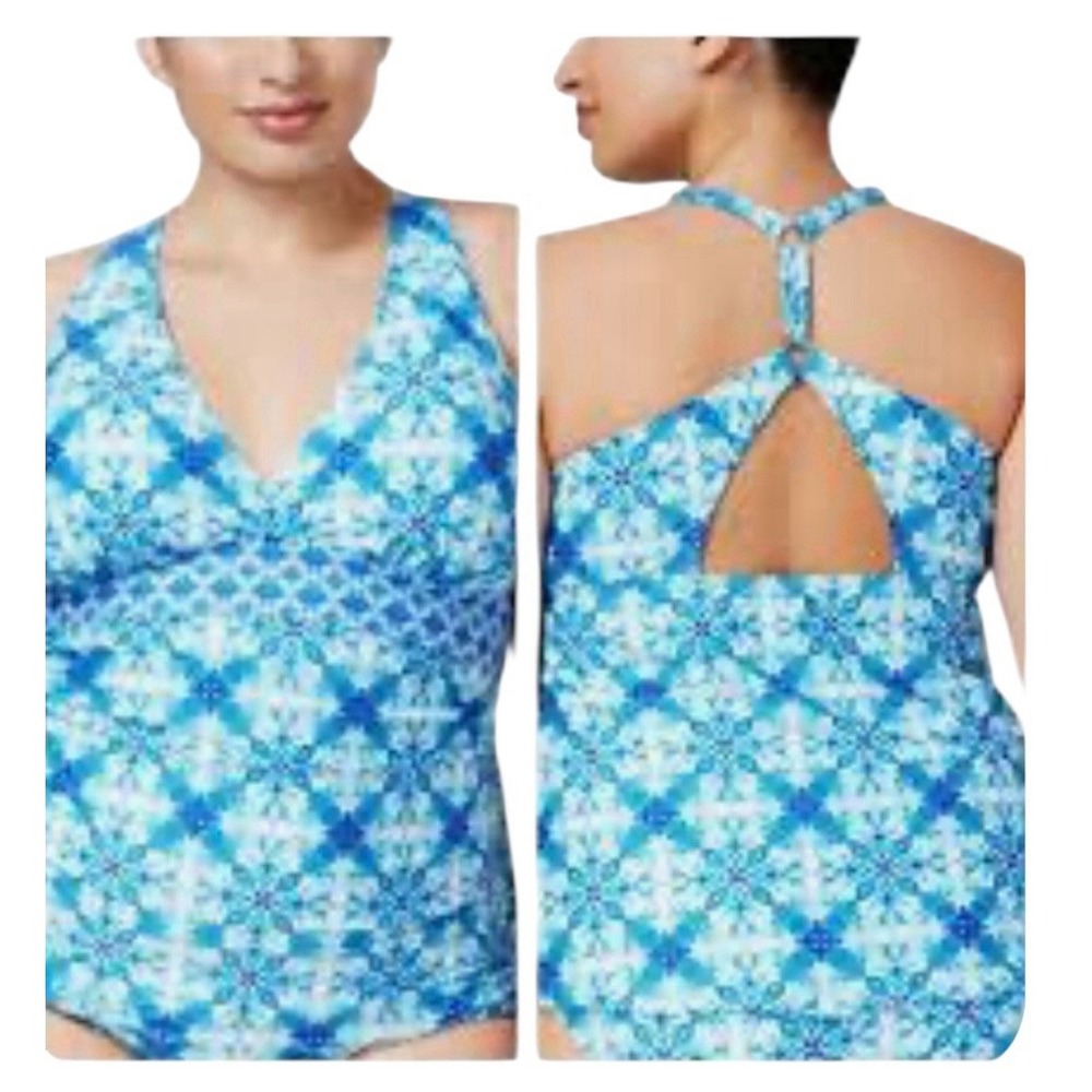 La Blanca Women's True Blue Goddess Halter Tankini Top Lined Print‎ Size 14